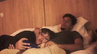 A blowjob on the bed is lazy, but so deep it makes him shake