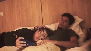 A blowjob on the bed is lazy, but so deep it makes him shake