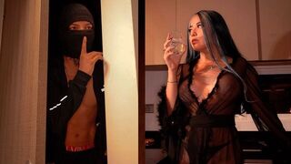 A burglar broke into the house, but the busty housewife offered sex