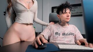 A girl caresses the table and rubs her pussy on it