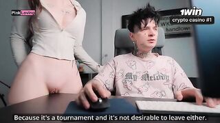 A girl caresses the table and rubs her pussy on it
