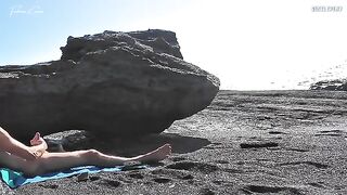 A girl removes her swimming suit and rubs herself while jerking you off
