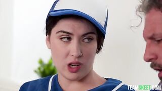 A young beauty has sex with an older man in her clothes