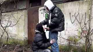 A passionate girl was caught and fucked in public by strangers