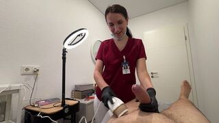 Pre-waxing blowjob with a hot nurse in latex gloves