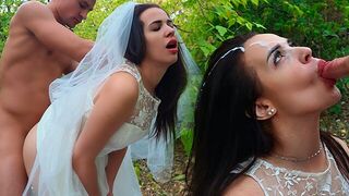 The bride opened her mouth to taste the groom's cock on her wedding day