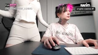 A horny girl rubs her pussy on the rubbing table