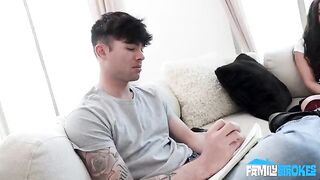 Girl makes a blowjob, choking on her own saliva in the shot