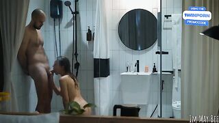 A shower stall for two is not too tight, but just right