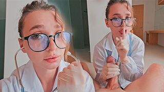A cute nurse in latex gloves stroking a cock and making a blowjob