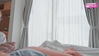 A cute nurse in latex gloves stroking a cock and making a blowjob