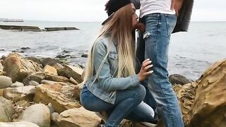A hot blondie babe gets her mouth filled with cock outdoors