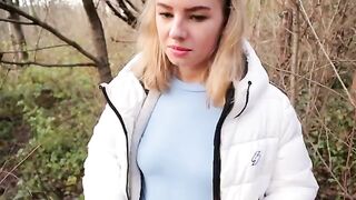 Petite girl Ava Monn almost gets caught while giving a blowjob in the park