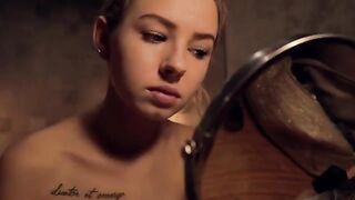 A girl does her make-up after a shower and sucks my cock