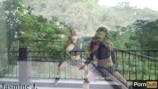A cute Asian girl, Jasmine J, gets fucked by a sex machine on the balcony