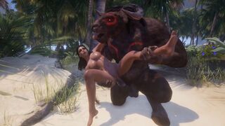 The big-breasted girl is having sex with two monsters at the same time